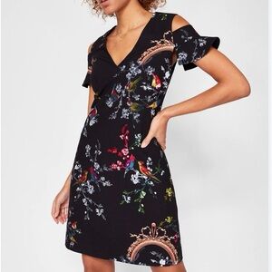 TED BAKER Black Opulent Fauna Bird Print KEOSHA Cold Shoulder Shift Dres…